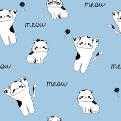 Cute blue pattern with paws and cats is playing text meow. Pets seamless background. Textiles for children Digital paper scrapbook.
