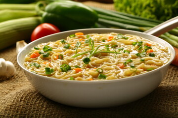 Delicious and healthy vegetable noodle soup with organic vegetables.