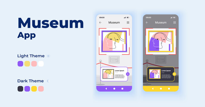 Museum cartoon smartphone interface vector templates set. Mobile app screen page day and dark mode design. VR exhibition. Gallery exposition online tour UI for application. Phone display