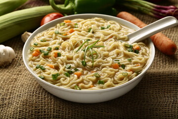 Healthy Asian street foods background, chicken noodle soup. 