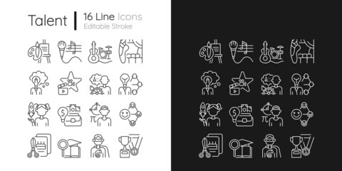 Talents and aptitudes linear icons set for dark and light mode. Vocation. Thin line contour symbols bundle. Customizable thin line symbols. Isolated vector outline illustrations. Editable stroke