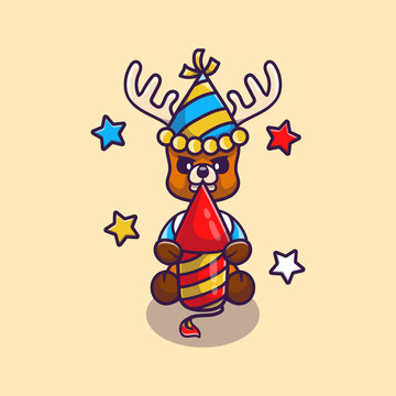 cute deer celebrating new year with fireworks rocket