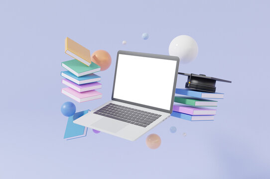 Laptop mockup empty white screen floating graduation cap and book learning online Education concept.on pastel background minimal cartoon, website. 3d render. illutration