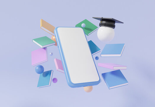 Minimal cartoon smartphone blank white screen, graduation cap and book learning online Education concept. pastel background, banner, website, application, template page. 3d render