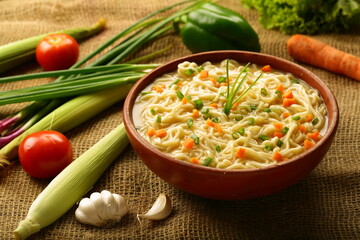 Homemade traditional  vegan diet noodles soup. healthy vegetarian breakfast meal.