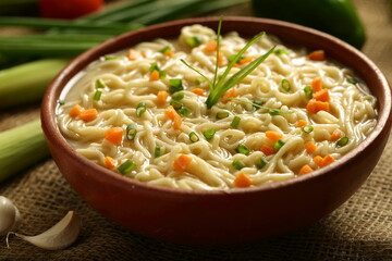 Homemade delicious chicken noodles with sauce . served in earthenware. healthy diet meal food.