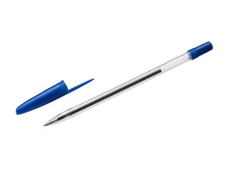 A simple blue ballpoint pen with an open cap in a transparent case, isolated on a white background....