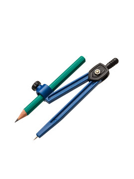 Blue plastic compasses with a pencil close - up at an angle on a white background. Office supplies for school and office. Advertisement. Copy space