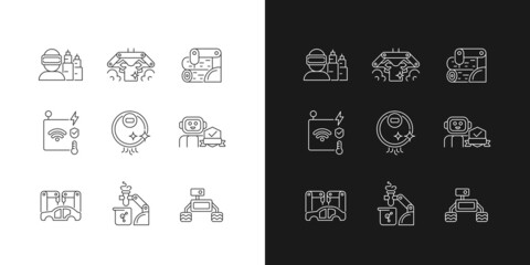 Automation technologies linear icons set for dark and light mode. Manufacturing robots. Automated laundry. Customizable thin line symbols. Isolated vector outline illustrations. Editable stroke