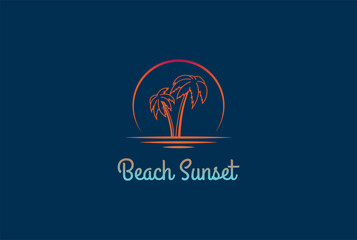 Modern Simple Beach Sunset with Palm Coconut Logo Design Vector