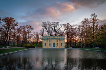 View of the Upper Bath Pavilion and the Mirror Pond in Catherine Park on a sunny autumn day,...