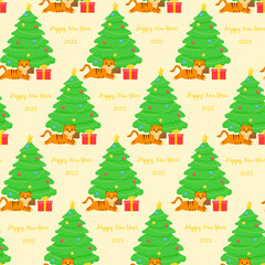 Obraz na płótnie Canvas This is a seamless pattern with a Christmas tree, lion on a light background. Wrapping paper.