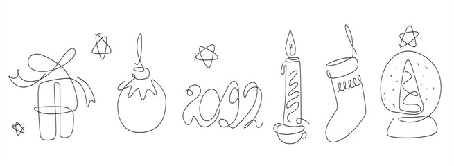 X-mas one line. 2022 line art. merry Christmas Set with bauble and gift. socks continuous line. outline winter.