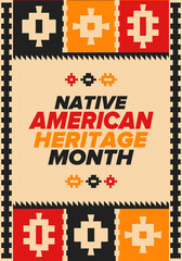 Native American Heritage Month in November. American Indian culture. Celebrate annual in United States. Tradition pattern. Poster, card, banner and background. Vector ornament, illustration
