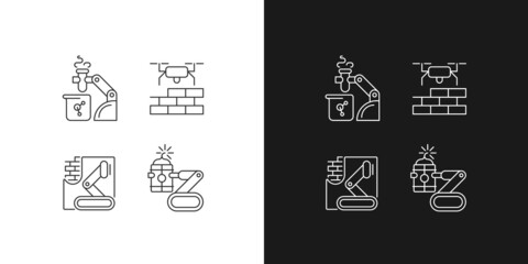 Automation in different industries linear icons set for dark and light mode. Lab assistance. Construction. Customizable thin line symbols. Isolated vector outline illustrations. Editable stroke