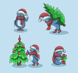 Cartoon cute penguin celebrating Christmas and New Year.