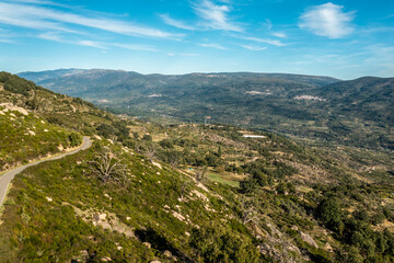 Naklejka premium Aerial drone view landscape Jerte valley, Extremadura, Spain. Urban life concept.