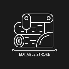 Obraz premium Wood processing white linear icon for dark theme. Timber framing machine. Advanced automation. Thin line customizable illustration. Isolated vector contour symbol for night mode. Editable stroke