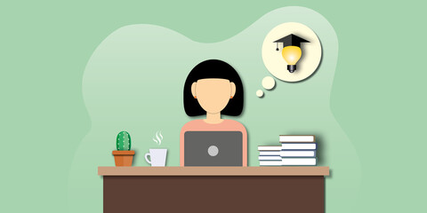 Young woman sitting in front of a laptop with light bulb wearing graduation cap on green background, Concept for online education, distance education, home study and online courses. Design style.