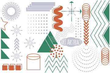 Set of trending abstract geometric shapes in red, green and blue. Arrows, points, triangles, graphics, halftones, snowflake, tree for design of fashion magazines, banner, sale. Vector illustration.