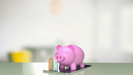 pink piggy bank and wood home on tablet for  property business concept 3d rendering