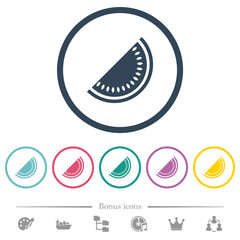 Slice of watermelon flat color icons in round outlines