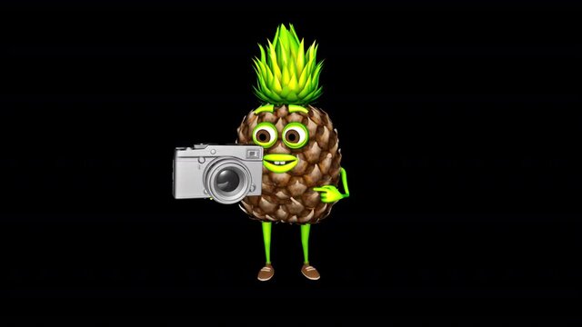 3d Caracter Pineapple Shows Photo Camera Loop on Alpha Channel
