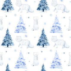 Winter landscape arctic fox seamless pattern. Cute animal fox and weasel background. Christmas tree holiday watercolor texture