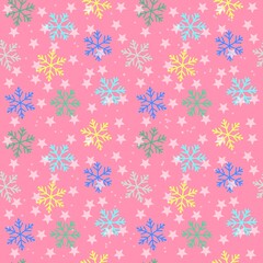 Seamless pattern with snowflakes and stars, pink background winter illustration, snow flakes drawing brush effect