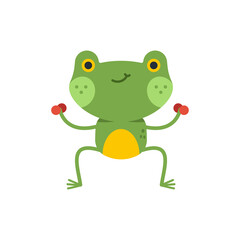 Cute frog with dumbbell doing fitness exercise vector cartoon character isolated on a white background.