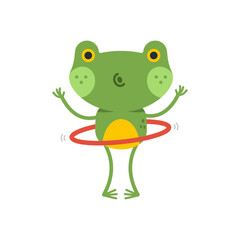 Cute frog with hula hoop doing fitness exercise vector cartoon character isolated on a white background.