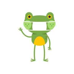 Cute frog in medical mask vector cartoon character isolated on a white background.