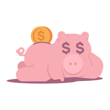 Funny piggy bank vector cartoon character isolated on a white background.