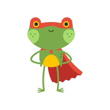 Cute frog in superhero costume vector cartoon character isolated on a white background.