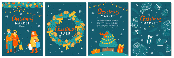 Collection of Christmas sale cards. Colorful vector illustration in doodle style.