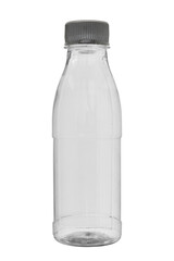 Empty bottle made of transparent colorless plastic, closed with a lid. Isolated on a white background, close-up