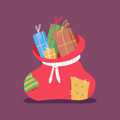 Santa sack with gift boxes vector cartoon illustration isolated on background.