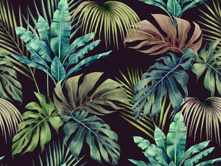 Watercolor colorful monstera,coconut,banana leaves seamless pattern background.Watercolor painting illustration tropical exotic leaf prints for wallpaper,textile Hawaii aloha jungle pattern.