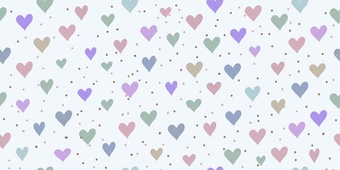 Seamless pattern with colorful hearts, light blue background, illustration wide horizontal design
