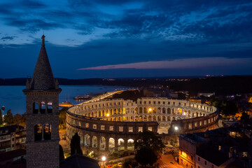 An aerial view of Pula aphitheatre by night, Istria, Croatia
