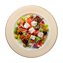 Greek salad with feta and fresh vegetables top view isolated on white background