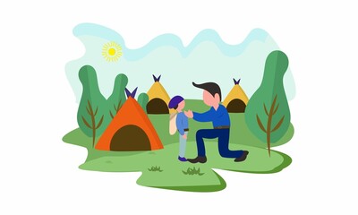 An illustration of a father taking his son to a children's camp, suitable for children's books and magazines as well as education and other business purposes.