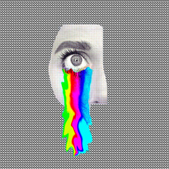Contemporary minimal pop surrealism collage art. Rainbows fashion face. LGBTQ party lover concept