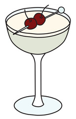 Last word classic official cocktail in a cope glass, The Unforgettables category. Gin based drink garnished with cherries. Stylish doodle cartoon style vector illustration.