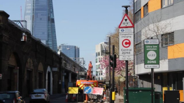 ULEZ (Ultra low emission zone) London prepare Ultra Low Emission Zone (ULEZ) warning sign central London. ULEZ, £12.50 from 8th april  video, clip. 15 minute city