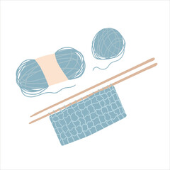 Collection of hand drawn balls of yarn for knitting blue on white