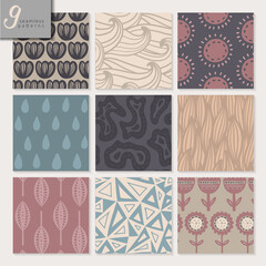 Set of nine hand drawn seamless abstract patterns in amasing color palette.