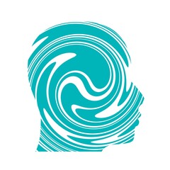 Double exposure portrait of man and spiral geometric pattern.