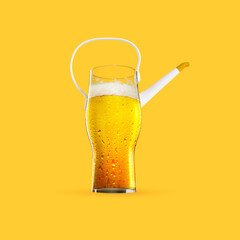Contemporary art collage. Glass of foamy beer in shape of watering can isolated over yellow background