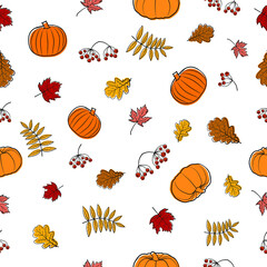 Seamless pattern with pumpkins, berries, and leaves